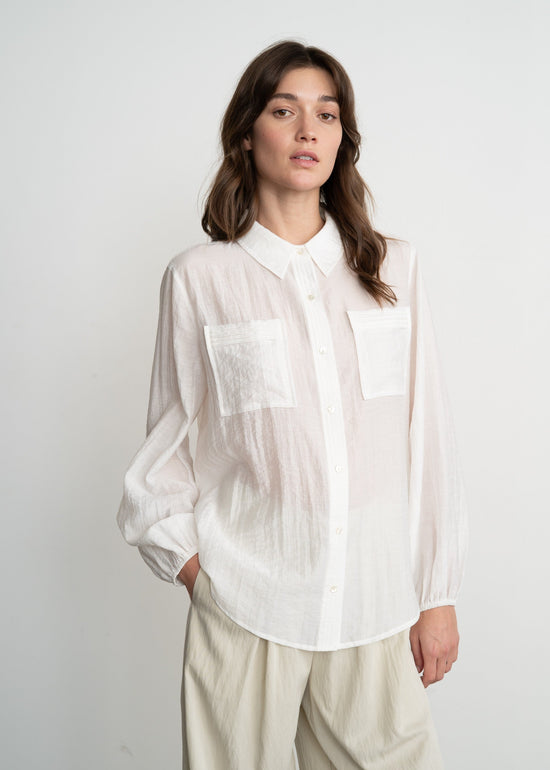 ELLE GREY BUBBLE SLEEVE SEMI-SHEER SHIRT – LIGHTWEIGHT BUTTON-UP