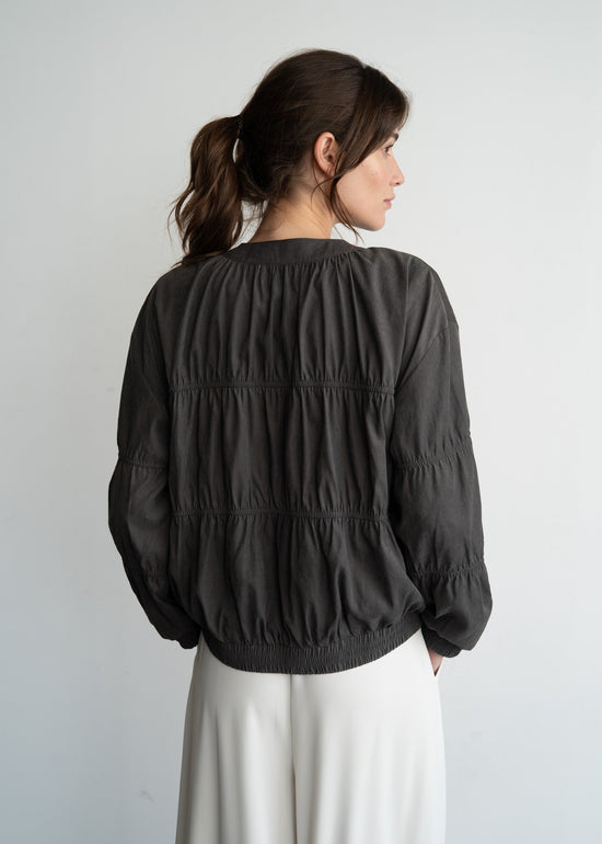 LIGHTWEIGHT SUEDE ELASTIC PIPING BLOUSON JACKET – CREW NECK LAYERING ESSENTIAL