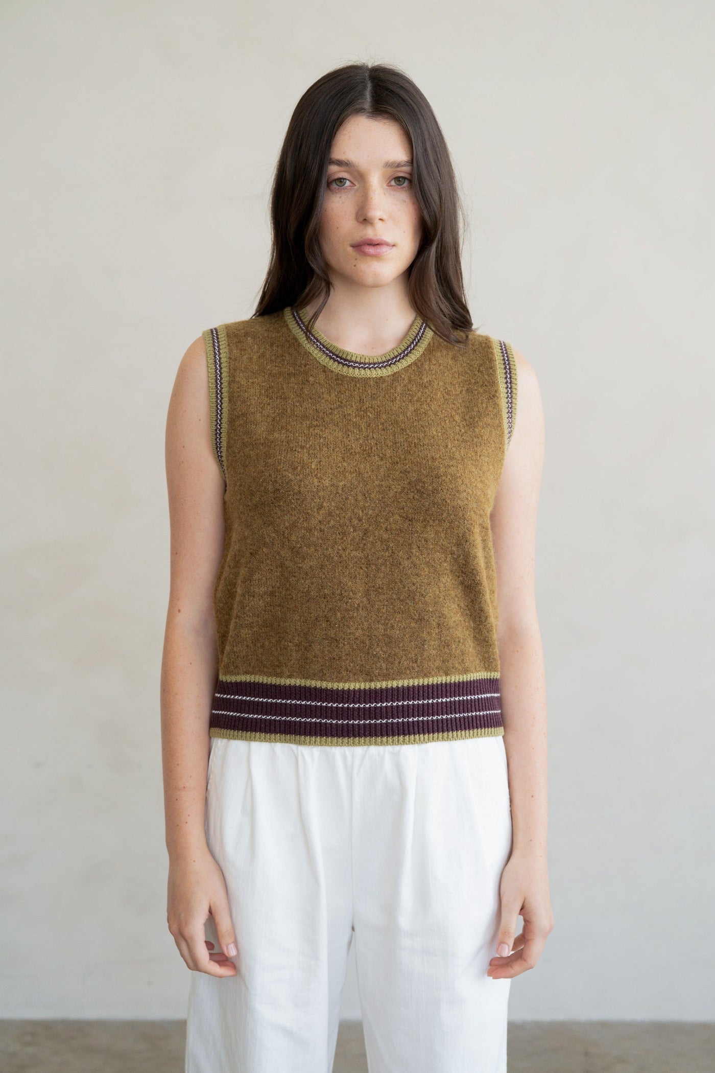 ELLE GREY OLIVE RIB STRIPED DETAIL CREW NECK SWEATER VEST