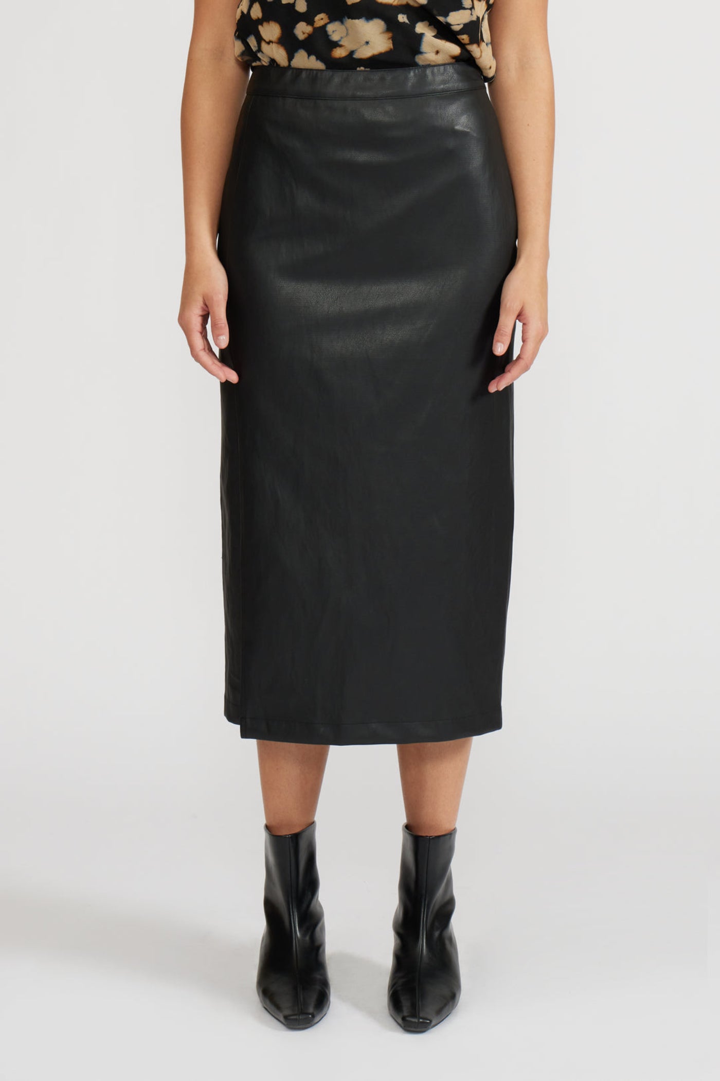 LUCY PARIS FAUX LEATHER MIDI SKIRT WITH SIDE SLIT