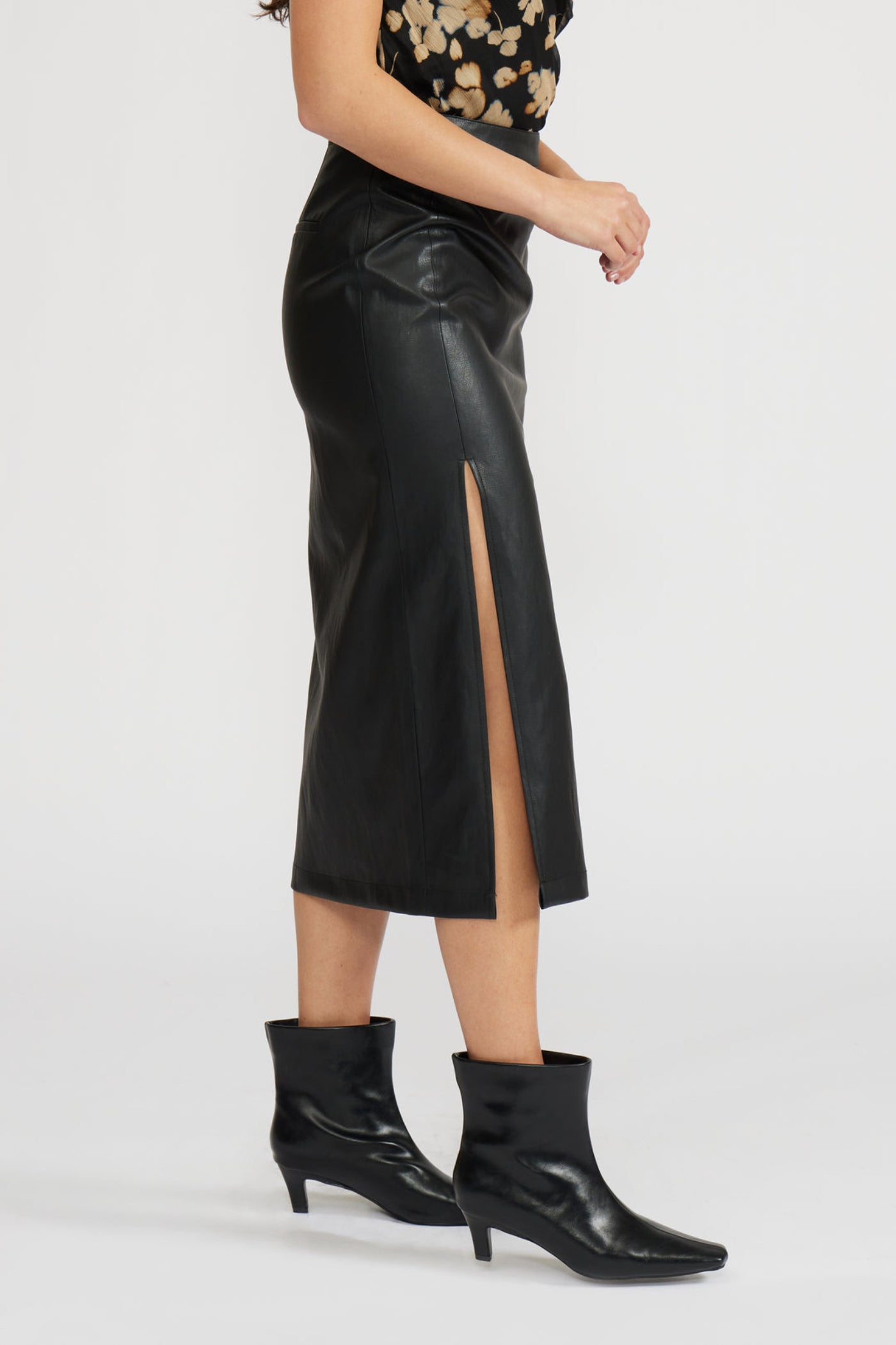 LUCY PARIS FAUX LEATHER MIDI SKIRT WITH SIDE SLIT