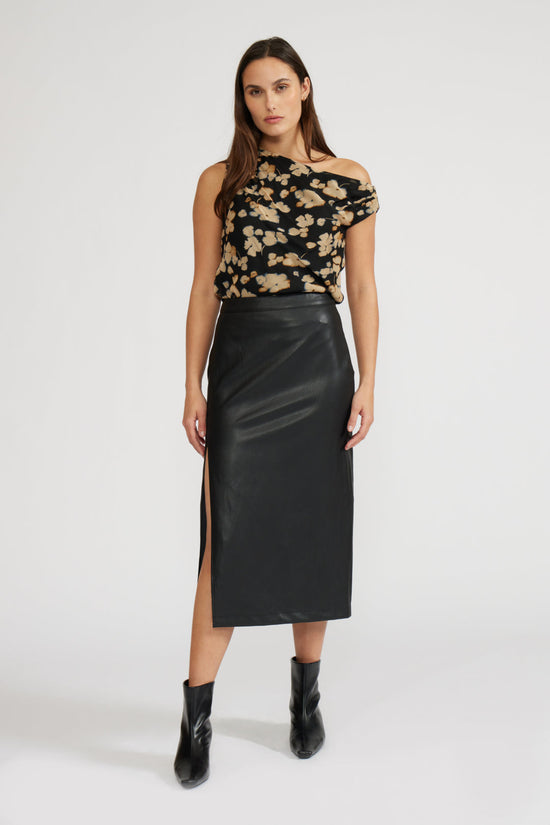 LUCY PARIS FAUX LEATHER MIDI SKIRT WITH SIDE SLIT