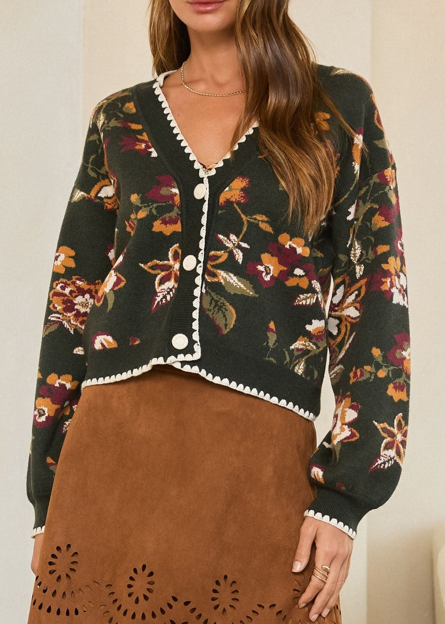GREEN FLORAL JACQUARD LONG SLEEVE CARDIGAN