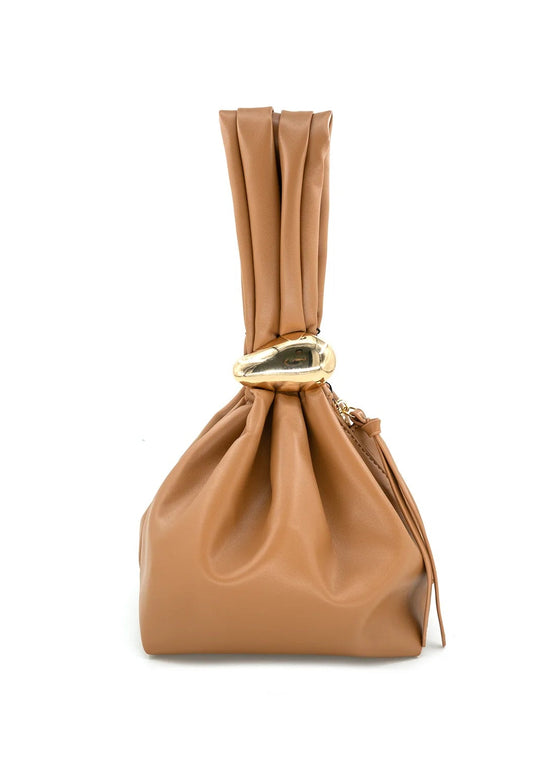 Tan leather drawstring bag with gold clasp on a white background