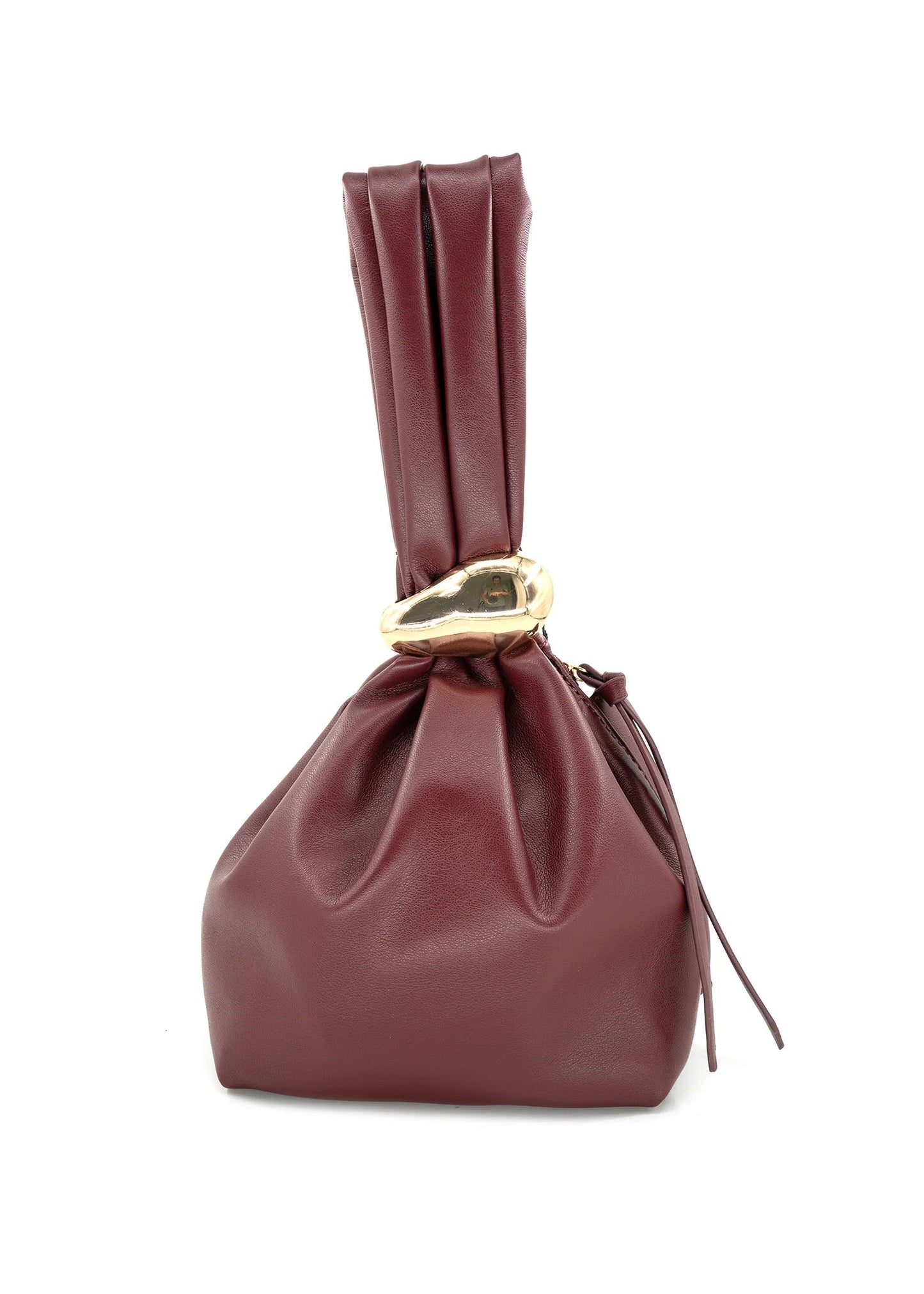 Maroon leather drawstring bag with a gold clasp on a white background