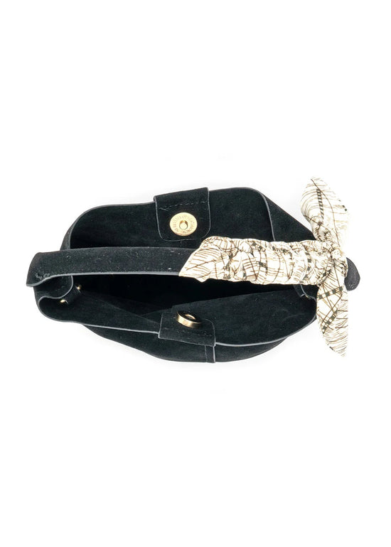 BC FAUX SUEDE BUCKET BAG WITH SCARF DETAIL – BLACK & TAN
