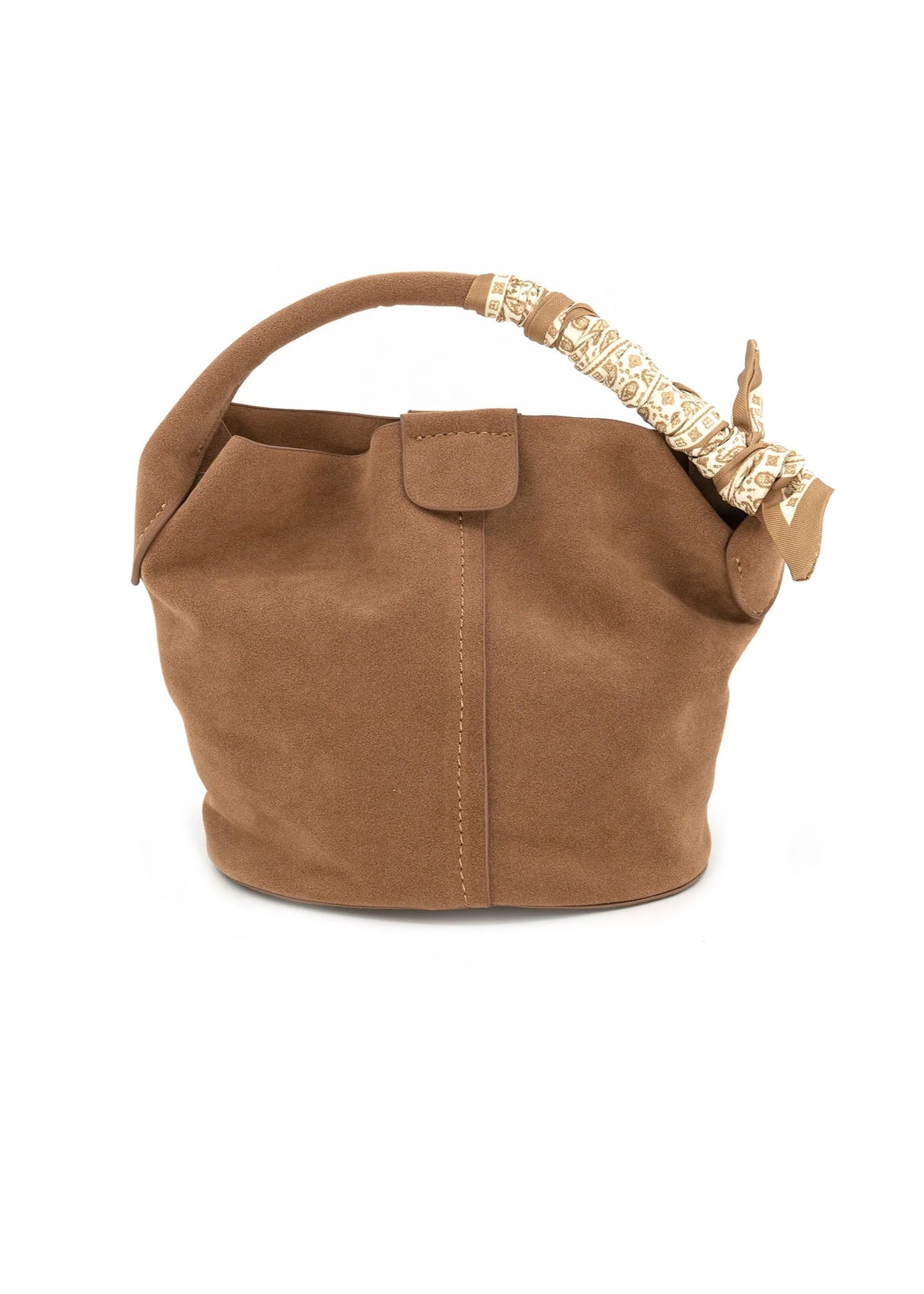 BC FAUX SUEDE BUCKET BAG WITH SCARF DETAIL – BLACK & TAN