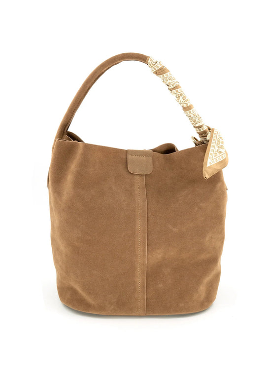 BC HANDBAG FAUX SUEDE BUCKET BAG WITH SCARF DETAIL
