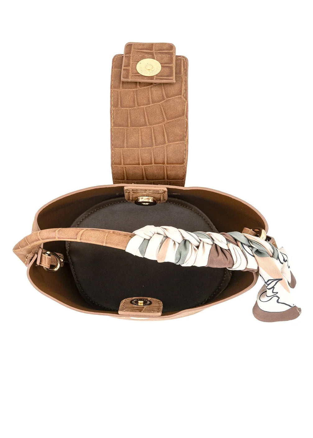 BROWN CROC SCARF BUCKET BAG