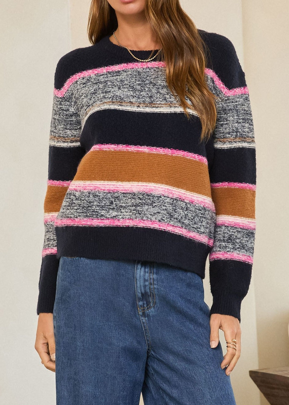 NAVY AND PINK LONG SLEEVE STRIPED SWEATER