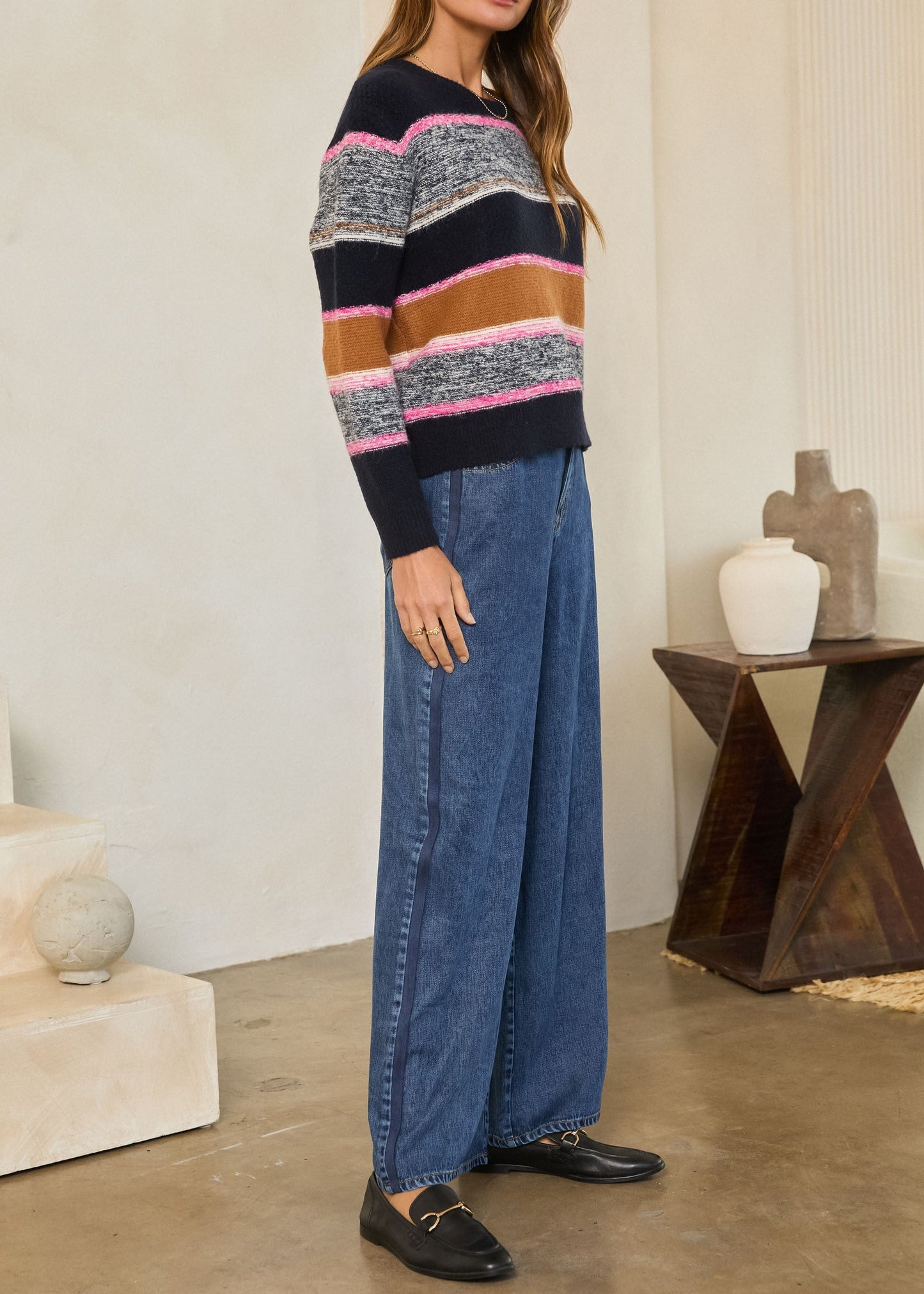 NAVY AND PINK LONG SLEEVE STRIPED SWEATER