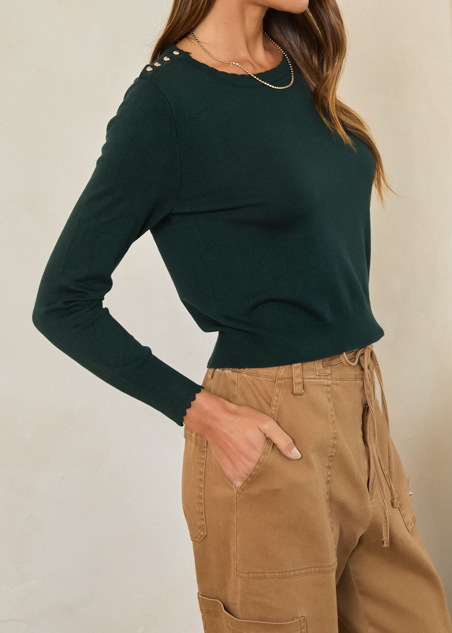 EMERALD BUTTON-SHOULDER KNIT LONG SLEEVE SWEATER