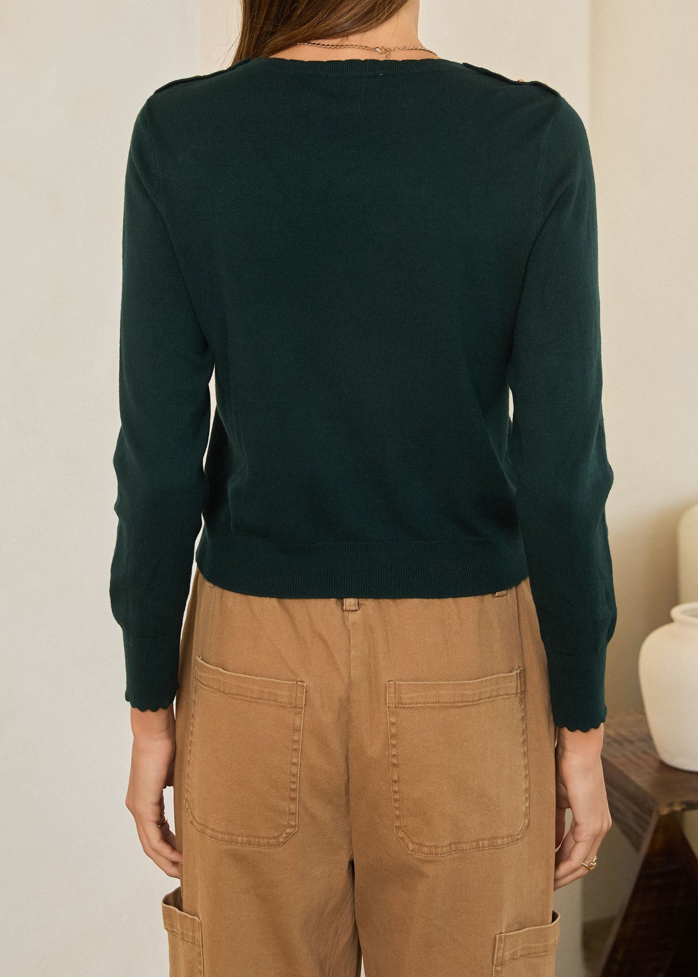 EMERALD BUTTON-SHOULDER KNIT LONG SLEEVE SWEATER