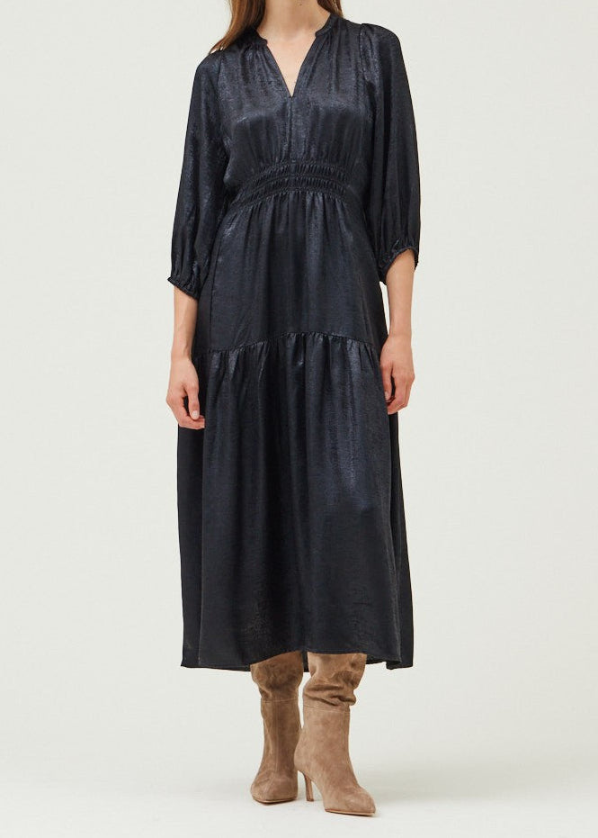 BLACK 3/4TH SLEEVE SATIN TIERED MIDI DRESS