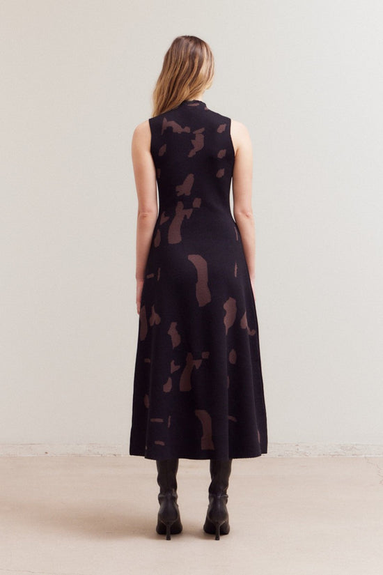 GRADE & GATHER FITTED KNIT HIGH NECK MIDI DRESS – COW PRINT IN BLACK & BROWN