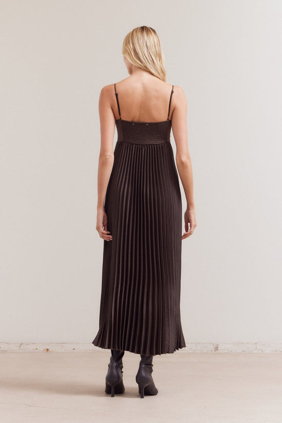GRADE & GATHER BROWN PLEATED BUSTIER-STYLE MAXI DRESS WITH POCKETS