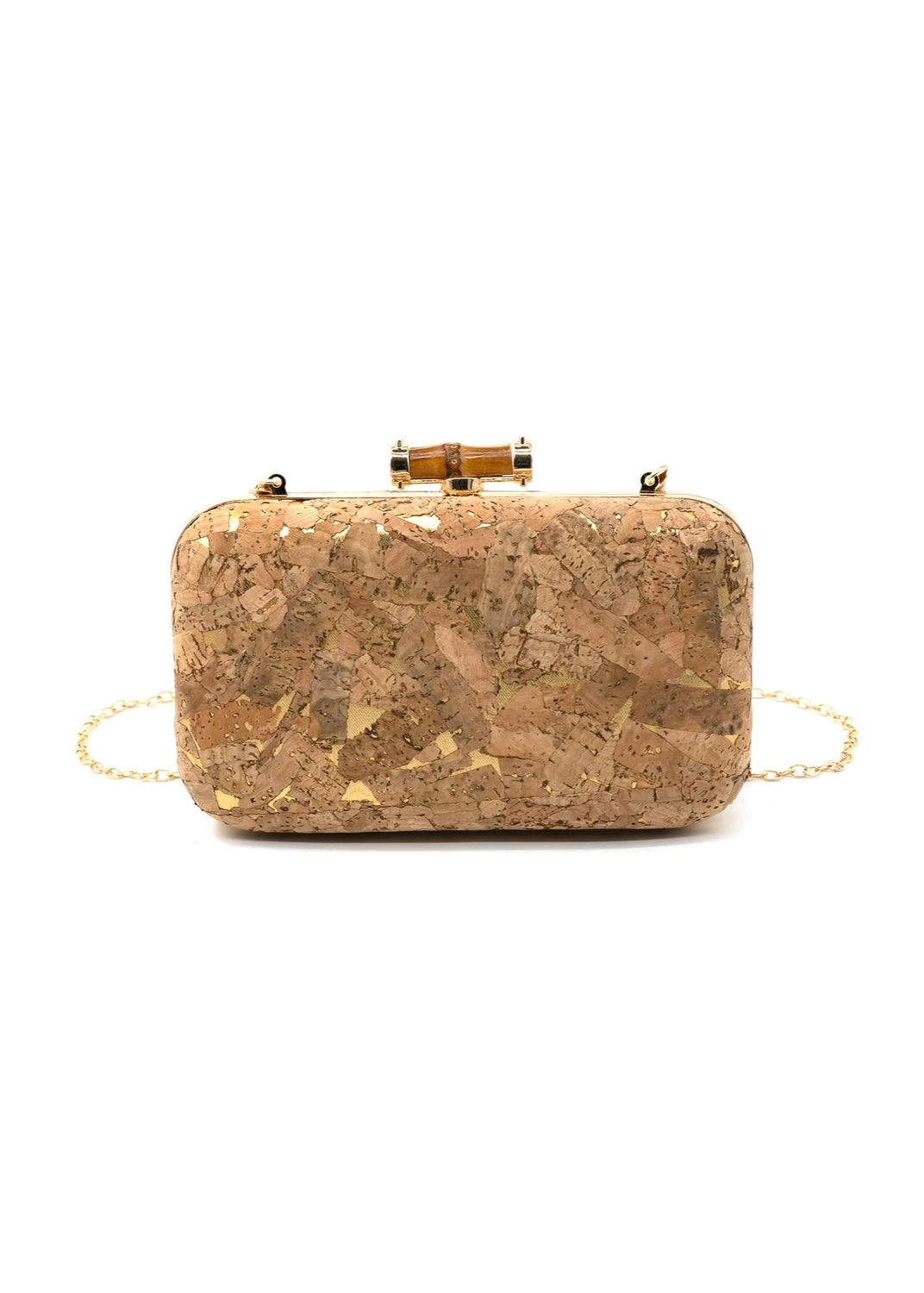BC HANDBAG Cork clutch bag with gold accents on a white background