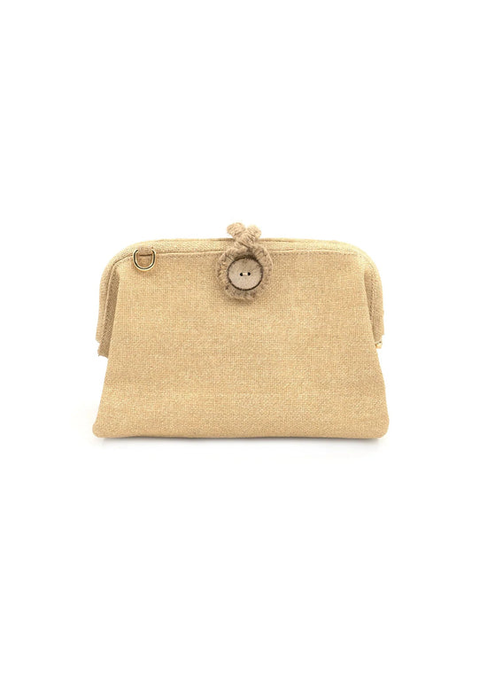 BC HANDBAG WOVEN CLUTCH – A NATURAL BEIGE CLUTCH WITH ROPE TIE DETAIL AND TEXTURED FINISH