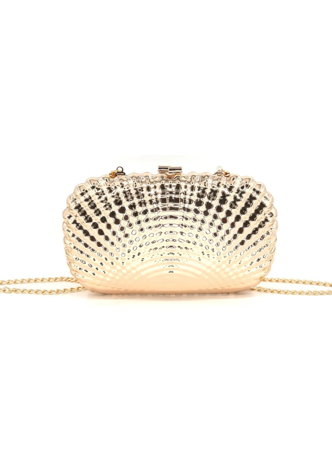 Gold clutch bag with chain strap on a white background