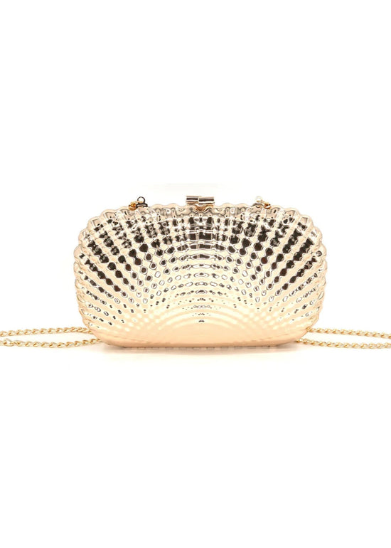 Gold clutch bag with chain strap on a white background