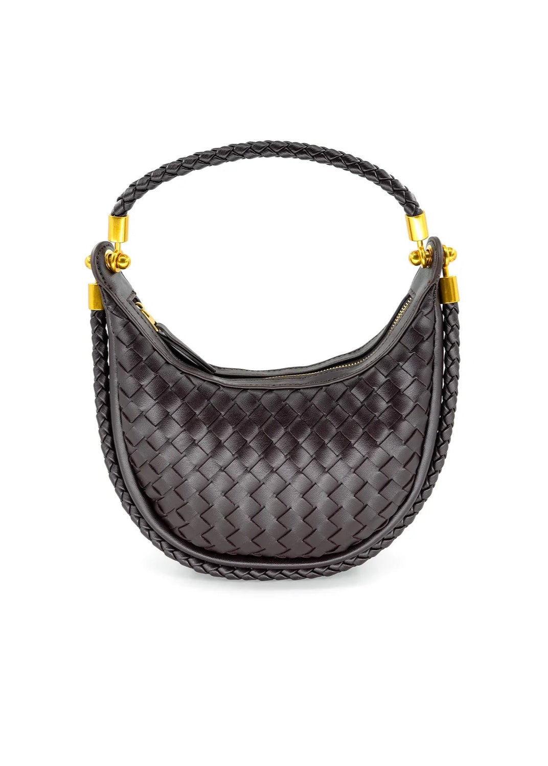 BC HANDBAG BROWN woven handbag with braided handle on a white background