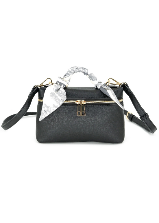 BC TOP HANDLE ZIP CROSSBODY BOX BAG – BLACK PU WITH SCARF DETAIL