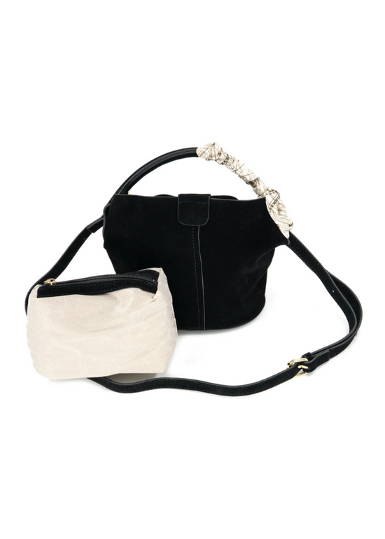 BC FAUX SUEDE BUCKET BAG WITH SCARF DETAIL – BLACK & TAN