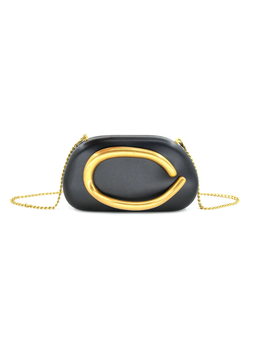 BC BLACK CLUTCH WITH GOLD C DETAIL – CROSSBODY EVENING BAG