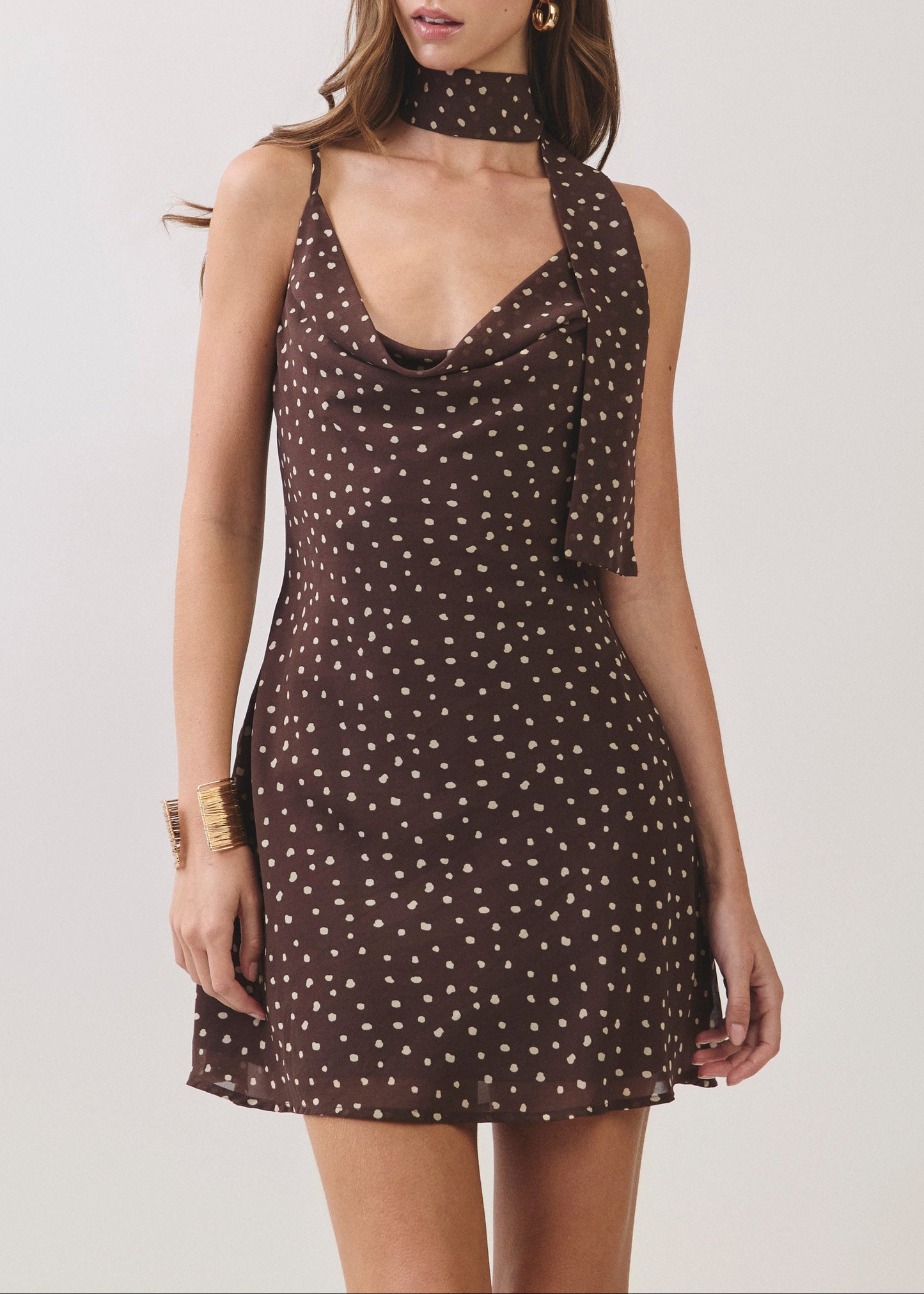 BROWN DRAPED POLKA-DOT MINI DRESS WITH MATCHING SCARF