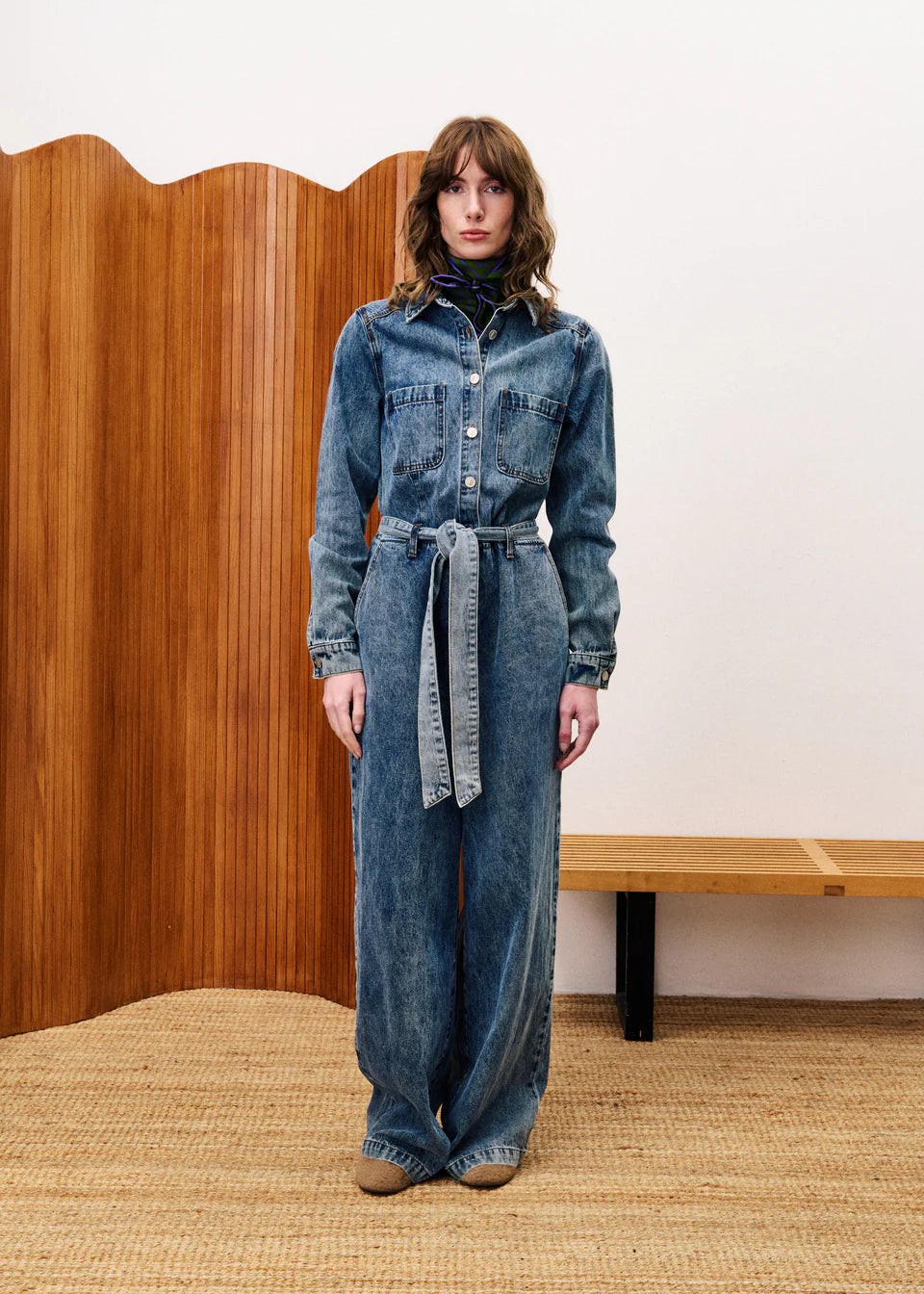 FRNCH VERBENA DENIM BLUE LONG SLEEVE JUMPSUIT WITH BELT