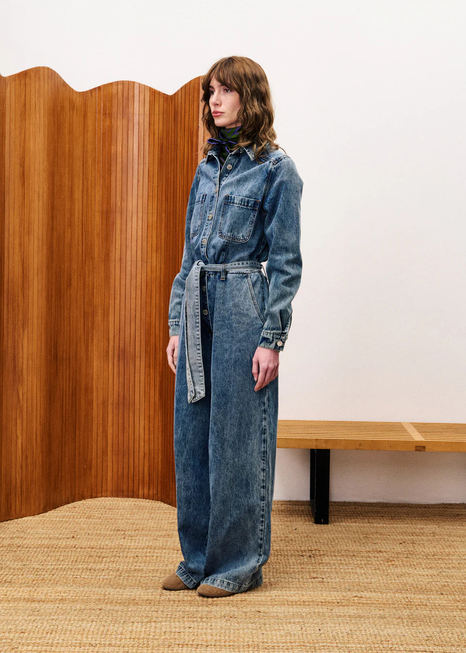 FRNCH VERBENA DENIM BLUE LONG SLEEVE JUMPSUIT WITH BELT