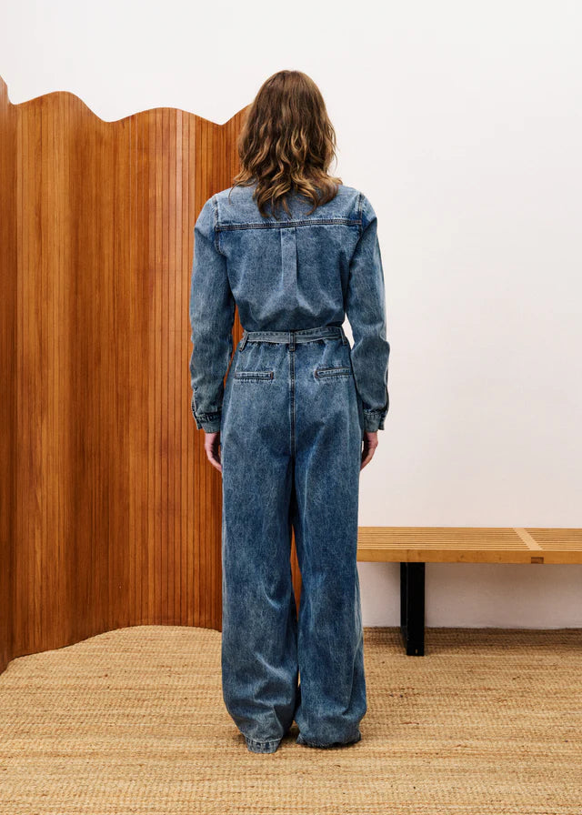 FRNCH VERBENA DENIM BLUE LONG SLEEVE JUMPSUIT WITH BELT STREETWEAR