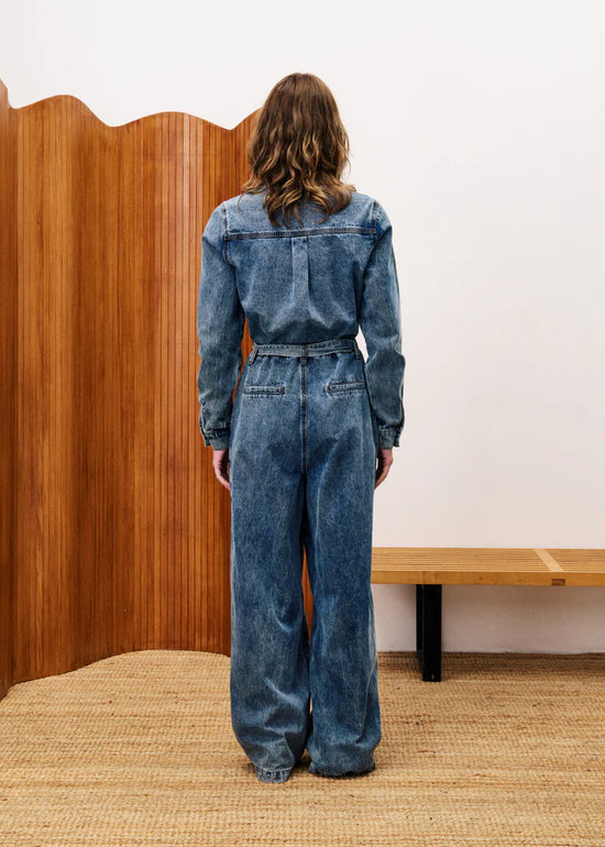 FRNCH VERBENA DENIM BLUE LONG SLEEVE JUMPSUIT WITH BELT STREETWEAR