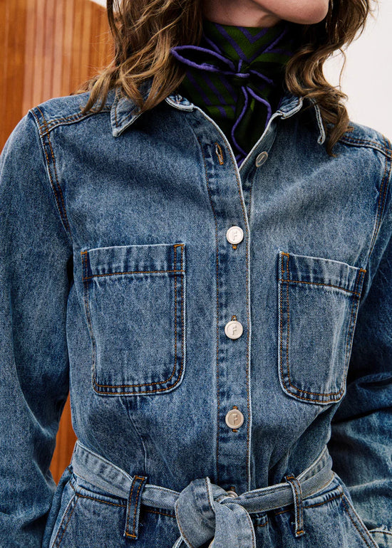 FRNCH VERBENA DENIM BLUE LONG SLEEVE JUMPSUIT WITH BELT
