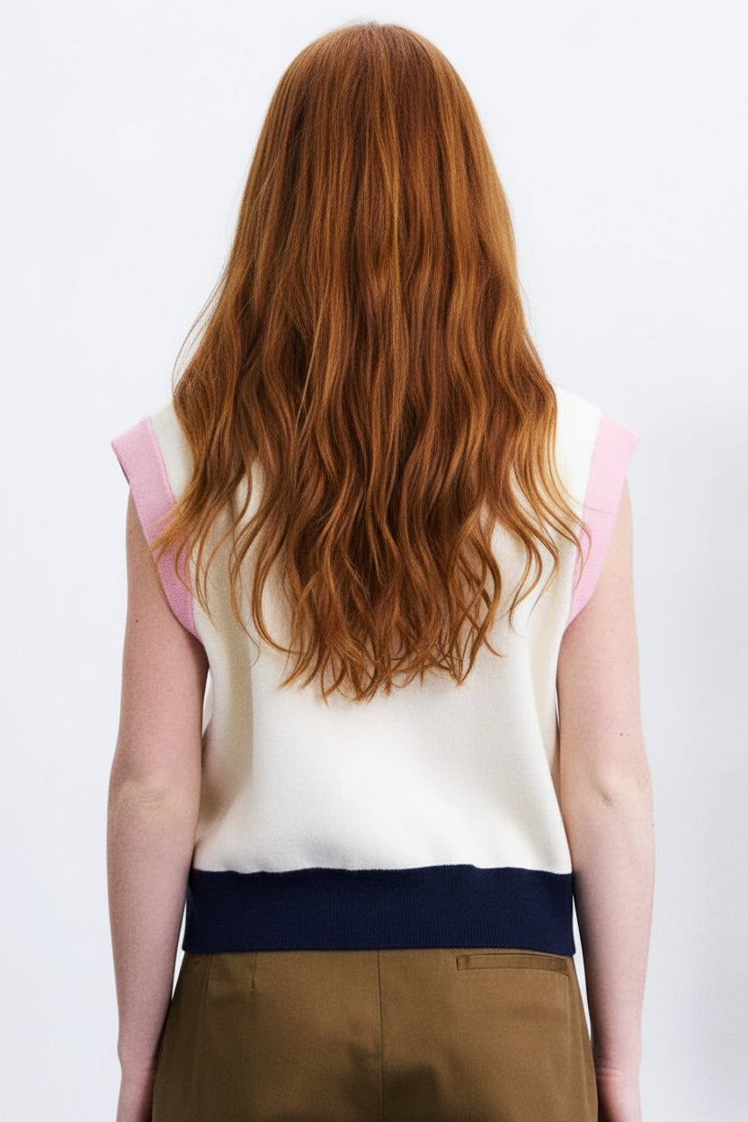 A woman stands with her back to the camera wearing a sleeveless color-block top with cream, light pink, and dark navy sections, paired with wide-leg brown trousers. She is standing in front of a white wall on a blue floor, next to a tall rotating photo display.