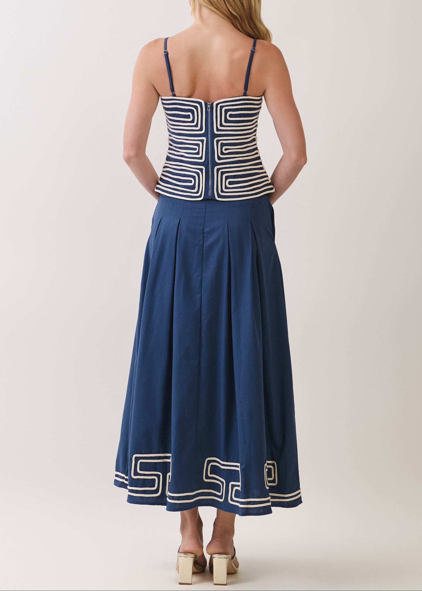 NAVY EMBROIDERED GREEK KEY PLEATED MAXI SKIRT