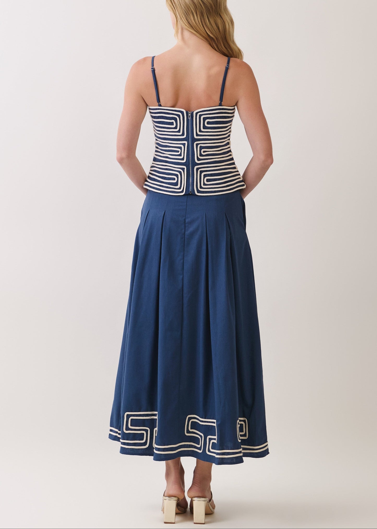 NAVY WITH CREAM EMBROIDERED GREEK KEY BUSTIER TOP