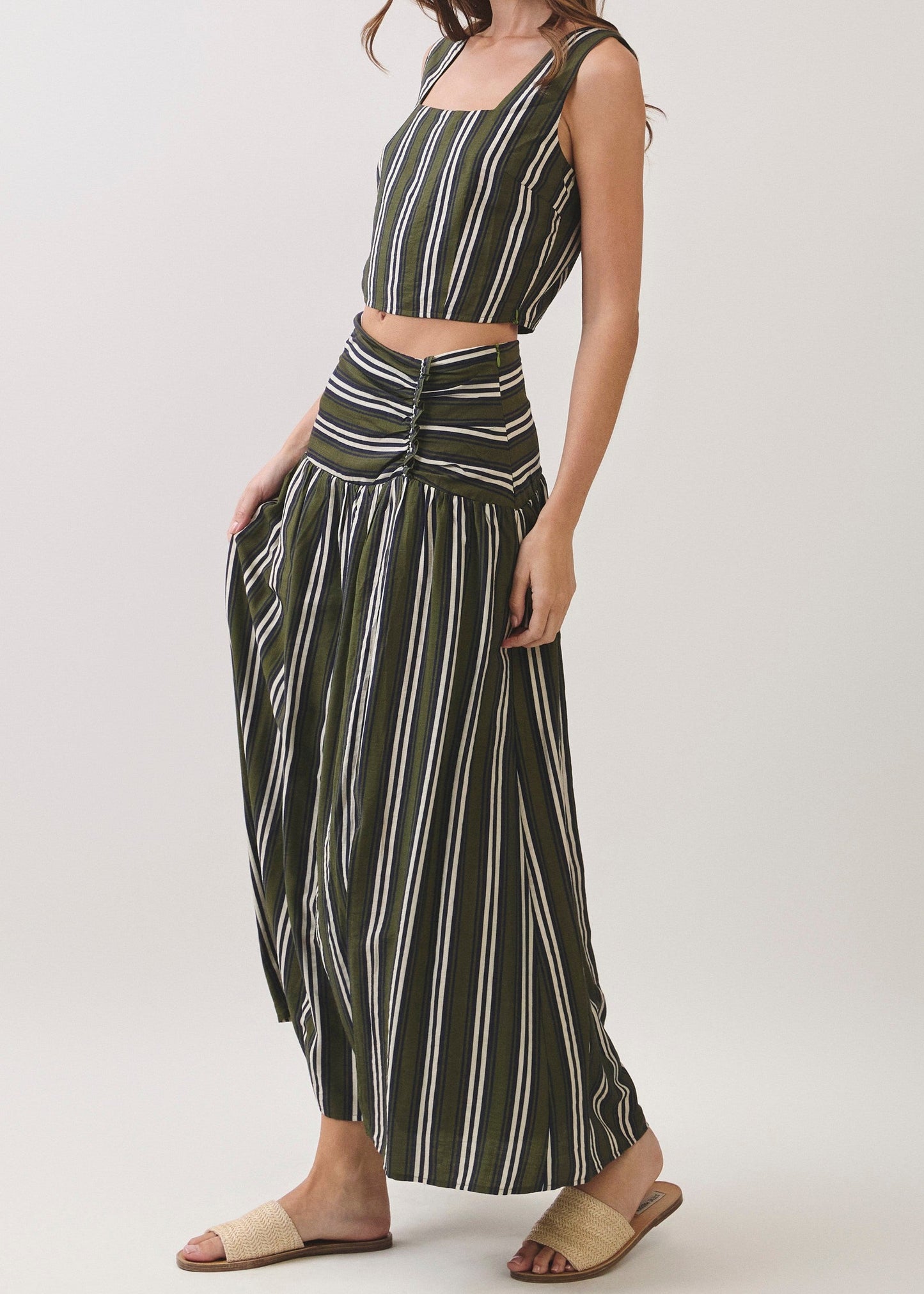 OLIVE STRIPED RUCHED DROP-WAIST MAXI SKIRT