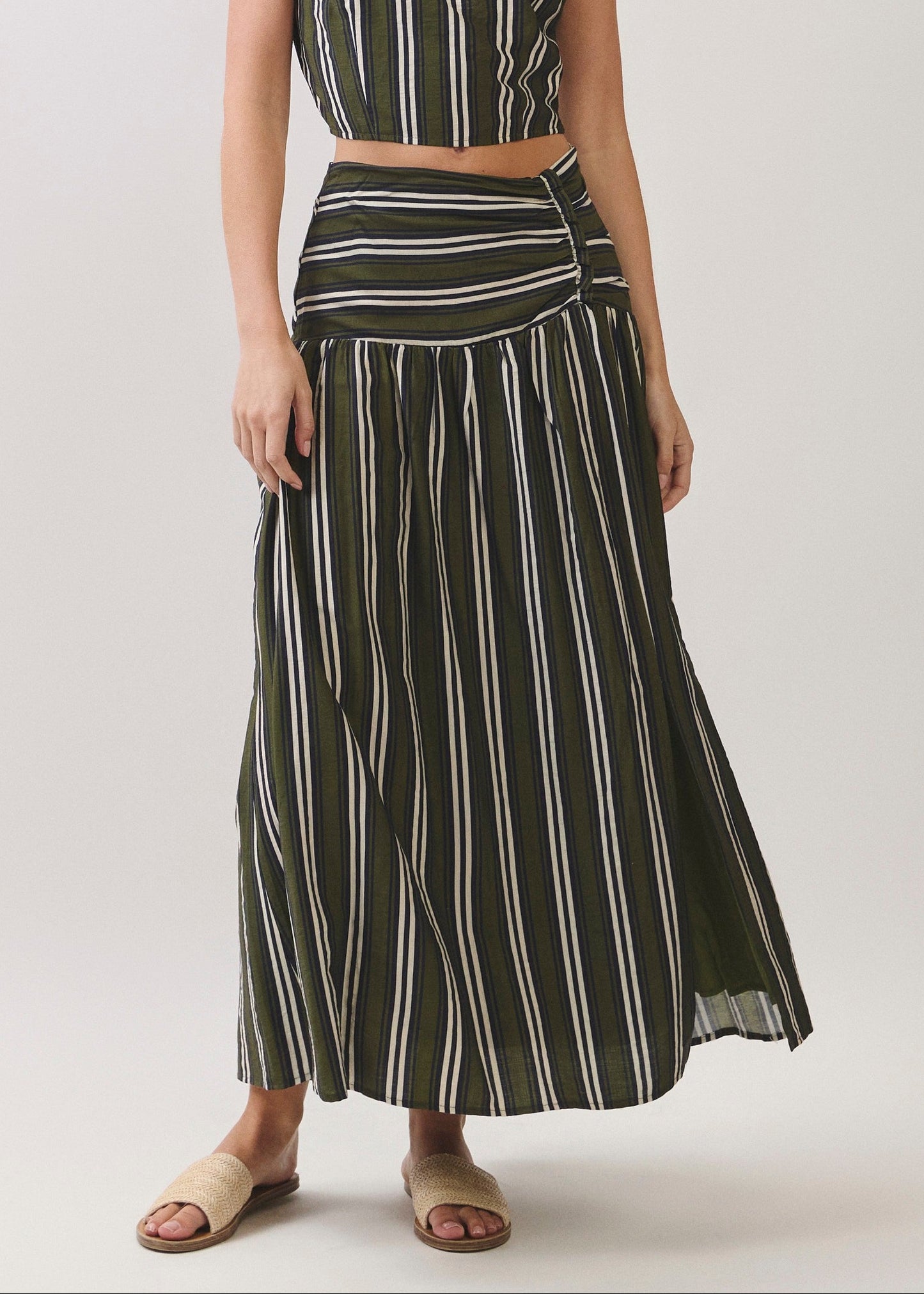 OLIVE STRIPED RUCHED DROP-WAIST MAXI SKIRT