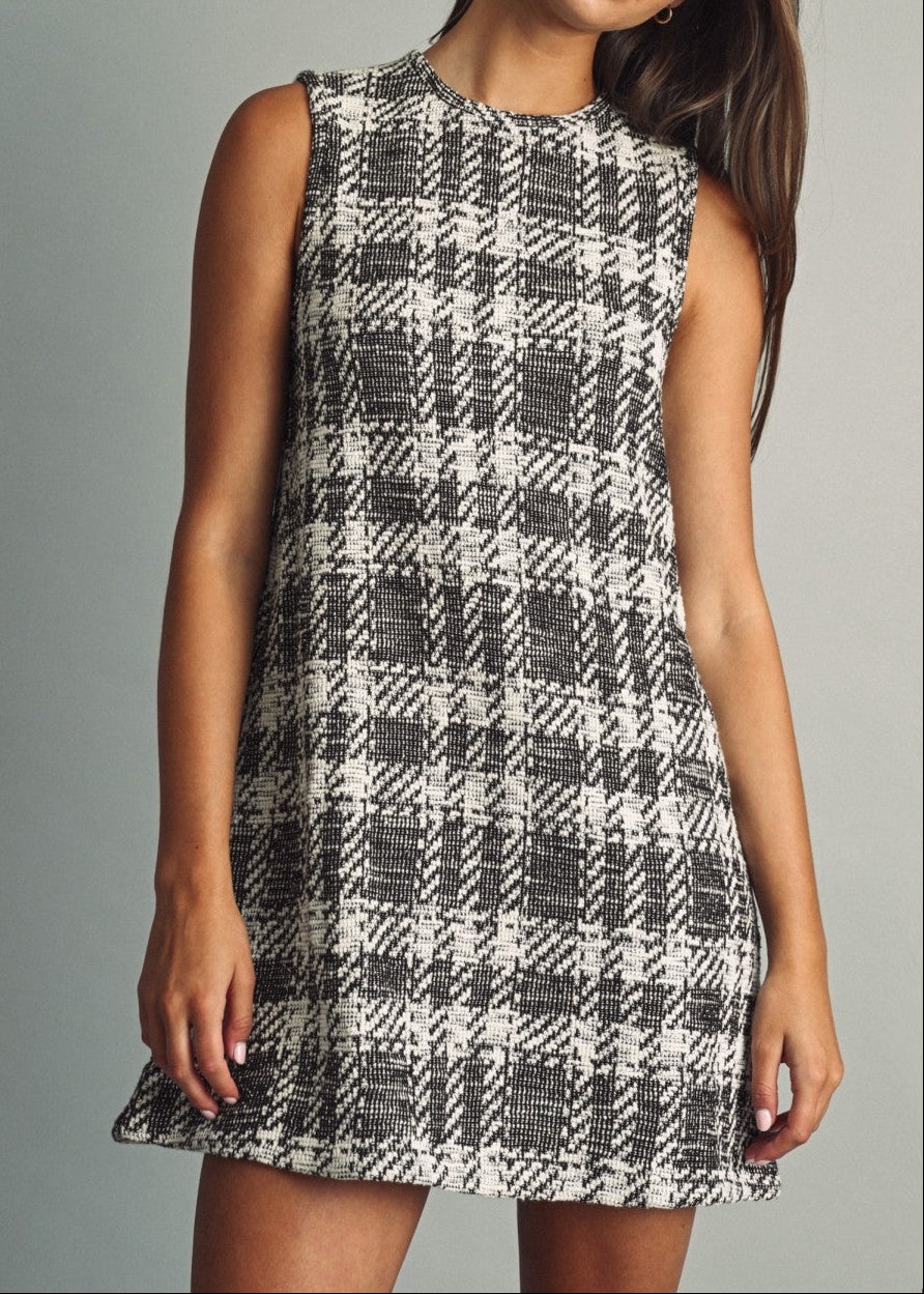 Plaid Tweed Sleeveless Crewneck Mini Dress With Pockets
