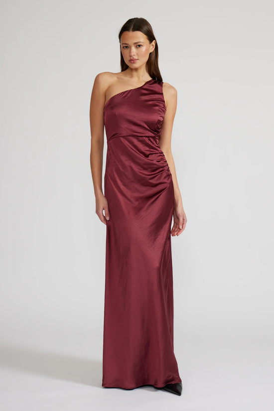 LUCY PARIS MILENA ONE SHOULDER SATIN DRESS – MAROON