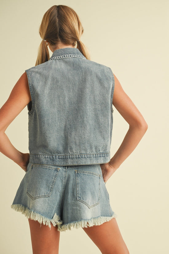 MUSTARD SEED BLANKET STITCH PATCH POCKET DENIM VEST