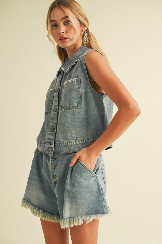 MUSTARD SEED BLANKET STITCH PATCH POCKET DENIM VEST