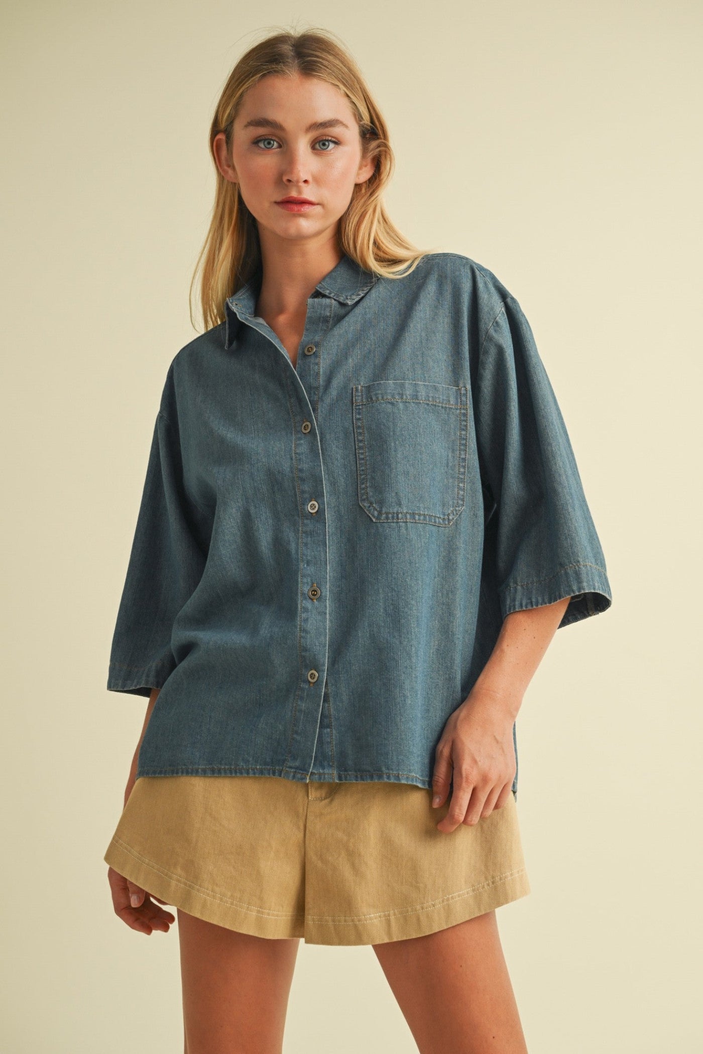 MUSTARD SEED BUTTON UP DENIM SHIRT TOP – WASHED DENIM