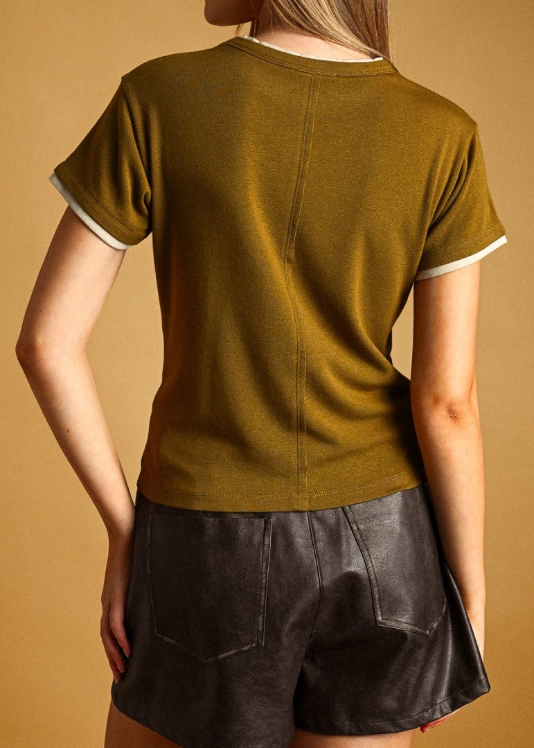 OLIVE DOUBLE LAYERED LOOK SHORT SLEEVE TOP