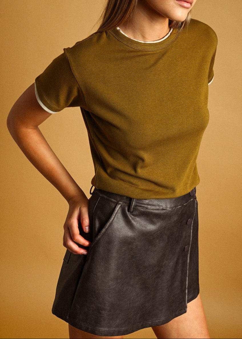 OLIVE DOUBLE LAYERED LOOK SHORT SLEEVE TOP