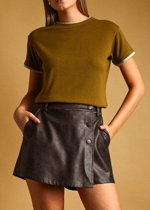 OLIVE DOUBLE LAYERED LOOK SHORT SLEEVE TOP
