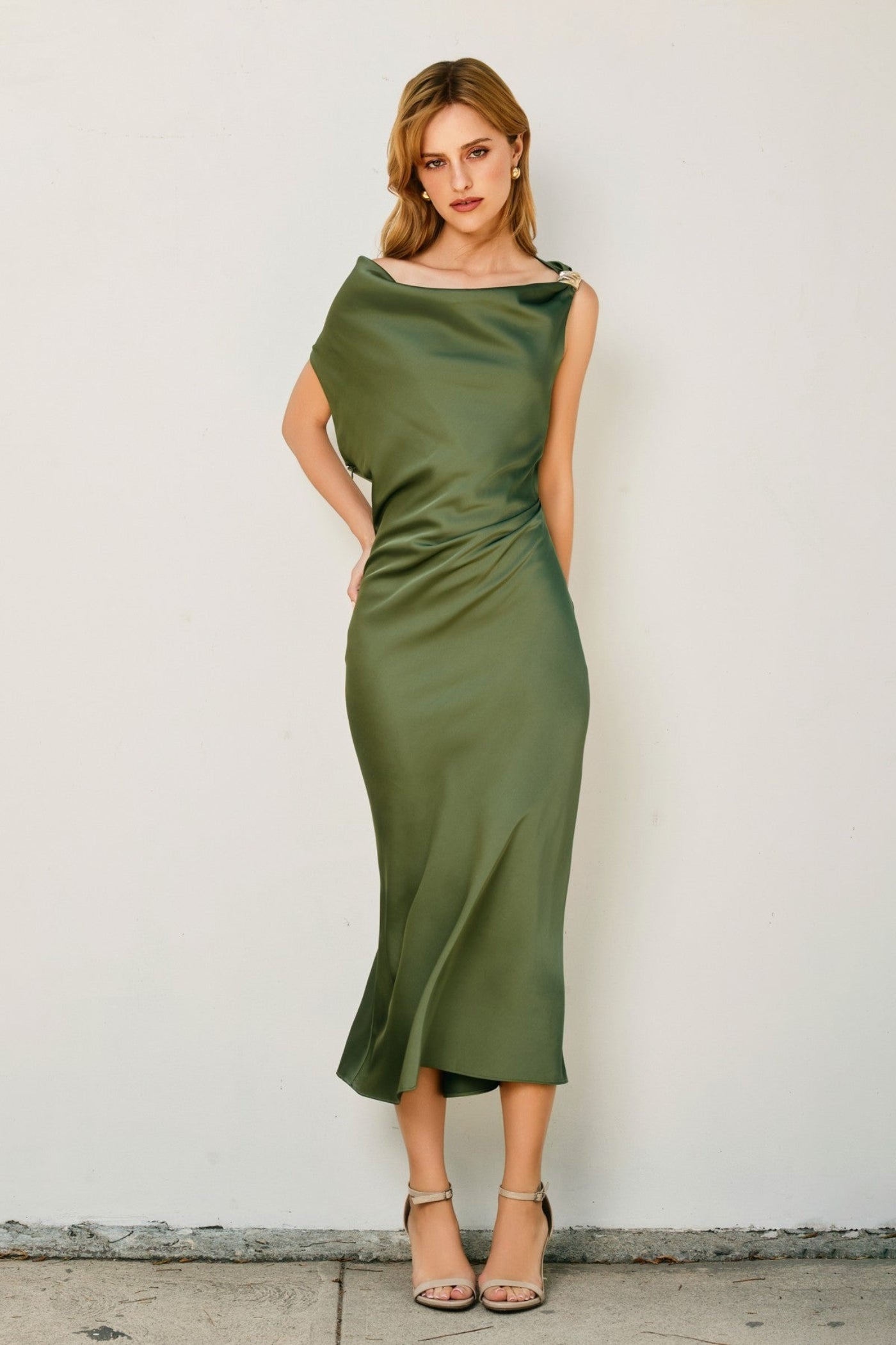 SATIN RUCHED MIDI DRESS