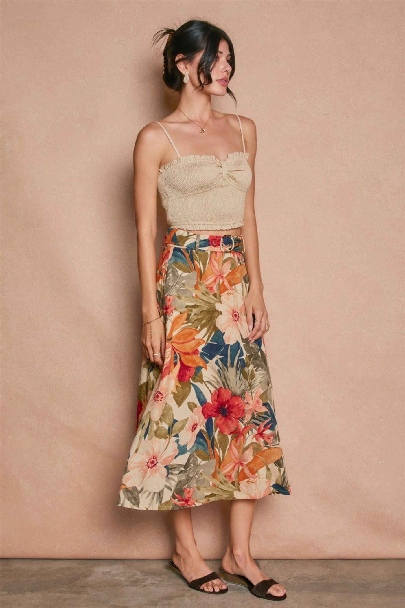BELTED FLORAL MIDI SKIRT