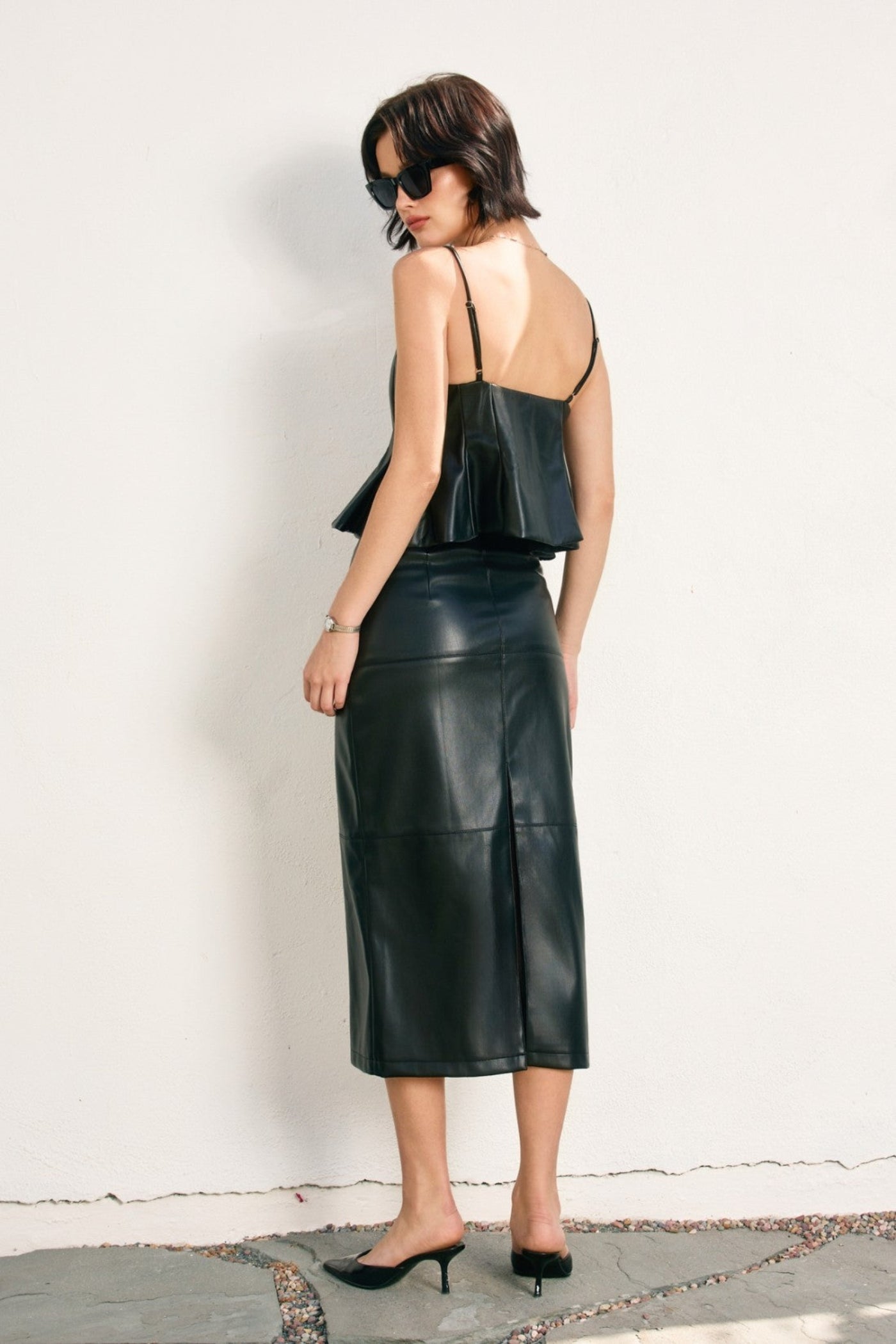 DRESS FORUM FAUX LEATHER BACK SLIT MIDI SKIRT – VEGAN LEATHER